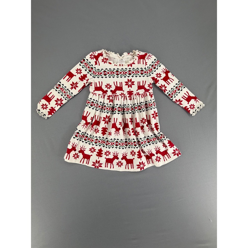 Hanna Andersson Kids 3T Reindeer Fair Isle Cotton Dress Red White‎ Holiday 90cm